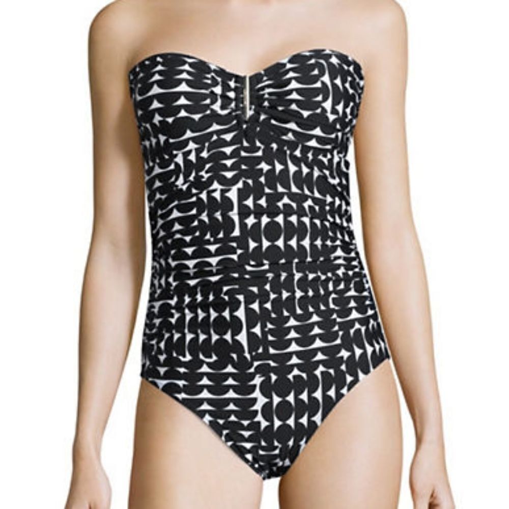 Calvin Klein Printed Bandeau Swimsuit-BLACK WHITE-6